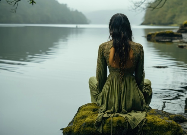 ragazza triste sul lago